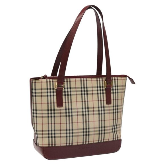 BURBERRY Nova Check Tote Bag Canvas Leather Beige Red gold Auth 115569 - Picture 1 of 16